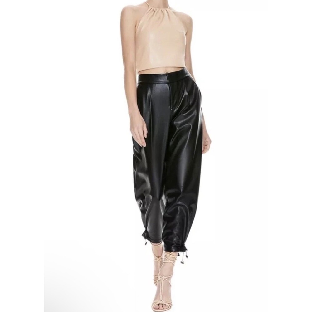 Alice + Olivia Paris Vegan‎ Leather Jogger Pants Black Drawstring Ankle Size 0